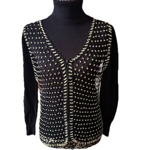 Black & Gold Beaded Cardigan Sweater | Vintage Glam